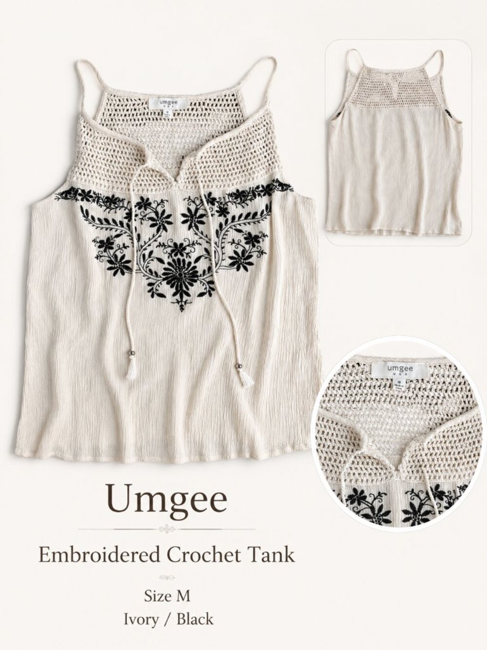 Umgee Ivory Black Embroidered Crochet Lace Up Tank Top Size M